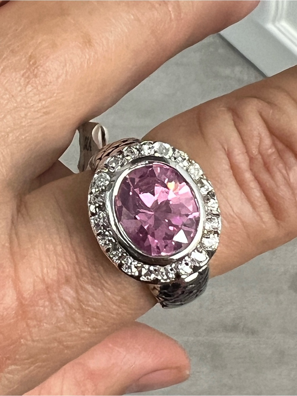 Silver Rhodium Plated Pink Cubic Zirconia Halo Ring